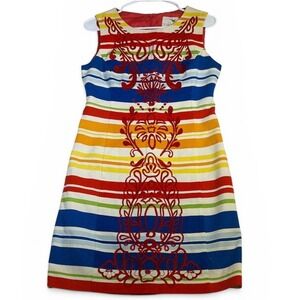 Tabitha Anthropologie Rainbow Striped Embroidered Shift Dress Sleeveless Size 6